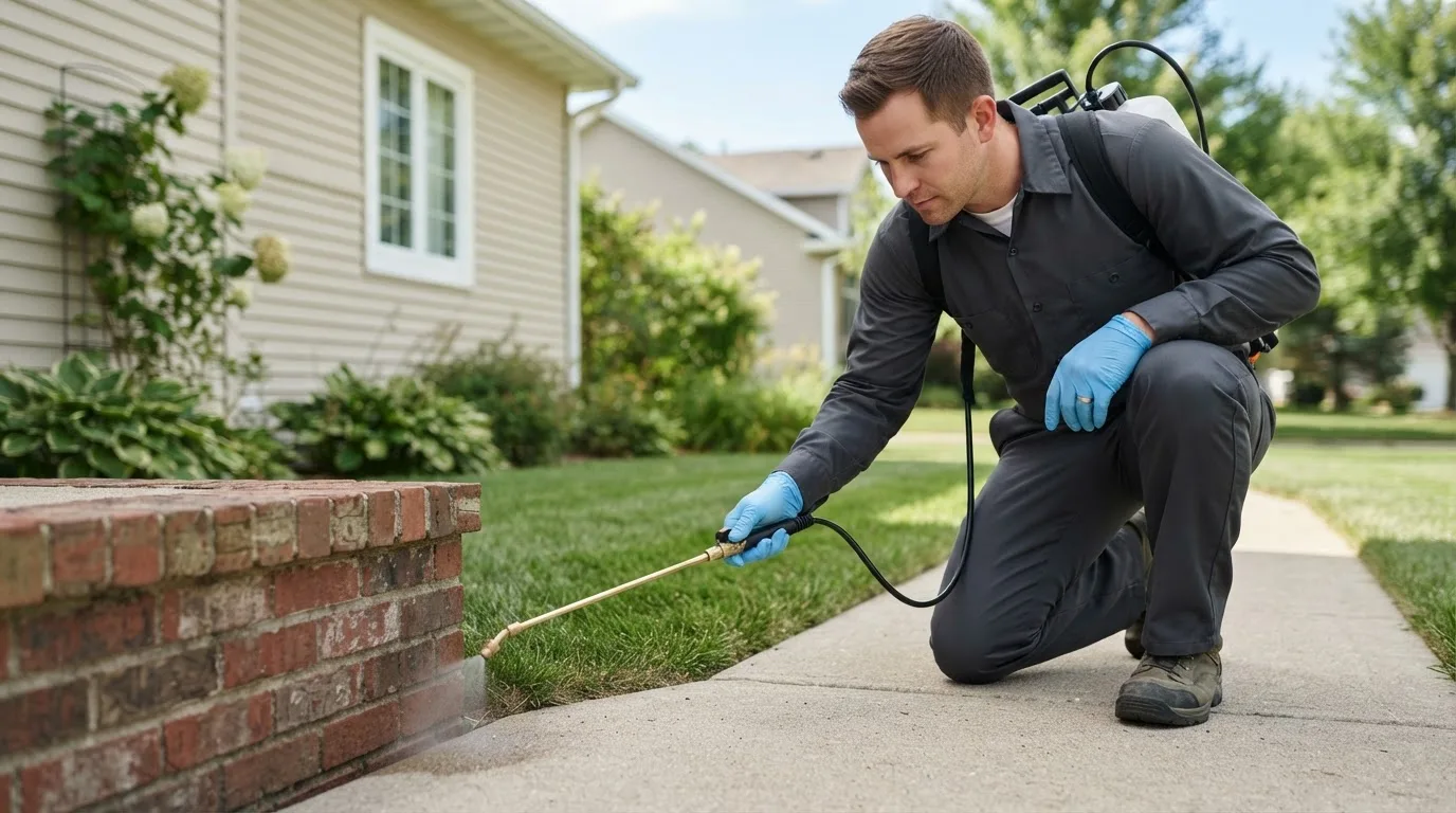 Pest control technician treating a home near Calvin, ND